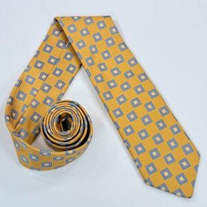 CANALI 100% Silk Mens Tie Yellow Geometric Squares Made In Italy Designer 58"
